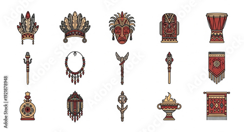 Collection of African tribal artifacts and masks on white background.