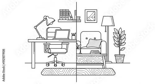 Home office and living room split illustration.