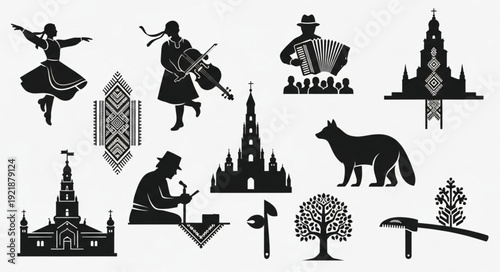 Collection of diverse black silhouette illustrations on white background.