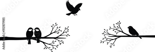 Bird silhouettes collection featuring perched and flying birds on budding tree branches, symbolizing companionship, solitude, and movement, perfect for wildlife design