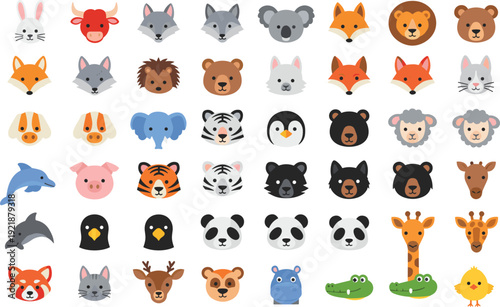 Cartoon animal faces collection featuring rabbits, cows, wolves, foxes, lions, bears, koalas, dogs, elephants, tigers, penguins, pigs, dolphins, eagles, pandas, giraffes
