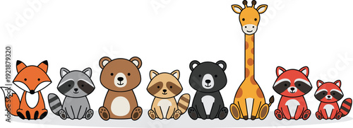 Cartoon animal lineup featuring fox, raccoons, bears, and giraffe sitting in a row, cute wildlife illustration for children’s education, storybooks, and decorative design