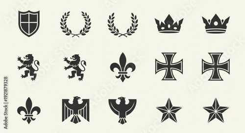 Collection of heraldic symbols and emblems in black silhouette.