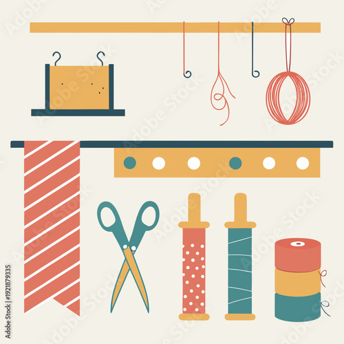 Crafting tools with colorful threads, scissors, and ribbons in flat style  