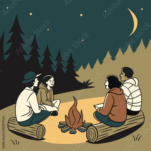 Group of friends sitting around campfire in forest at night  