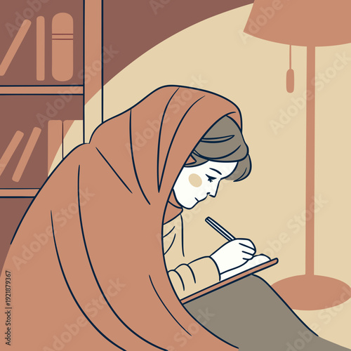 Young woman writing in notebook while wrapped in blanket at home  
