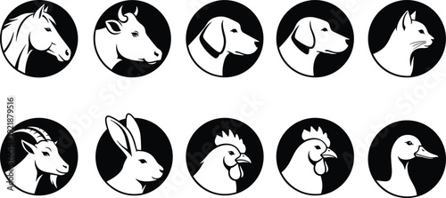 Minimalist farm and pet animal icon collection featuring horse, cow, dog, cat, goat, rabbit, rooster, hen, and duck silhouettes in circular design artwork