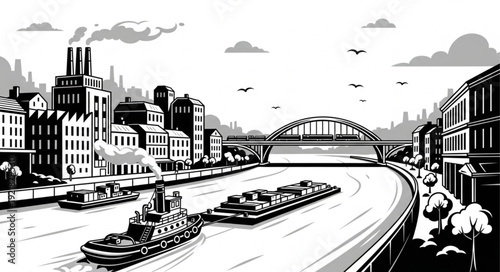 Industrial city river with barges and bridge illustration.
