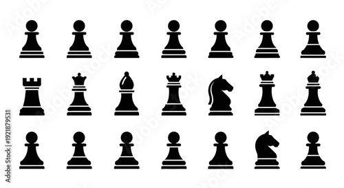 A set of black chess pieces icons including pawns, knights, and kings in a simple flat design on a white background.