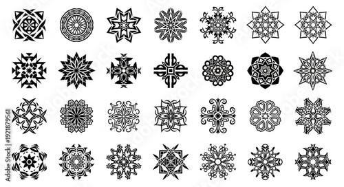 Collection of intricate black and white Celtic knot patterns and designs.