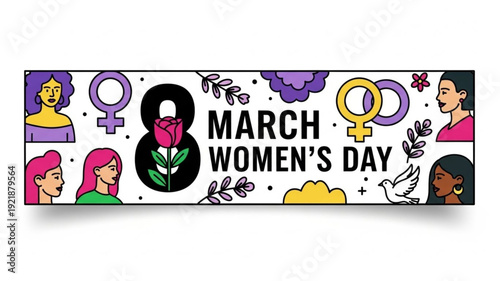 International Womens Day Celebration Banner with Diverse Women and Symbols.