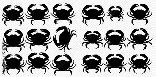 Collection of black crab silhouettes in various poses and sizes, isolated for design elements.