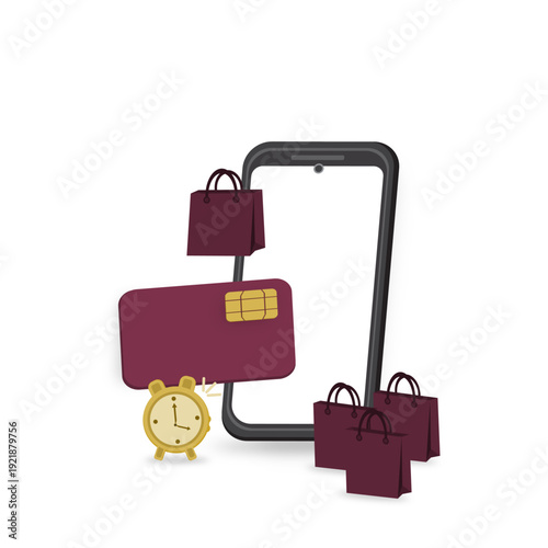 Online shopping and mobile payment vector illustration featuring smartphone, credit card, shopping bags, and clock. Concept of ecommerce transaction, fast checkout, digital finance, and modern cashles