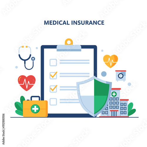 Medical Insurance Concept: Health Protection, Shield, Hospital, Stethoscope, Checklist