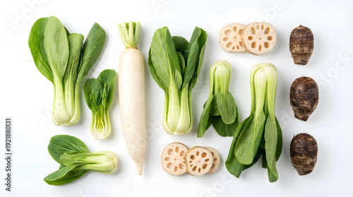 Fresh Asian vegetables including bok choy, daikon radish, taro, and lotus root slices, arranged neatly on a clean white background, captured from a top-down perspective.