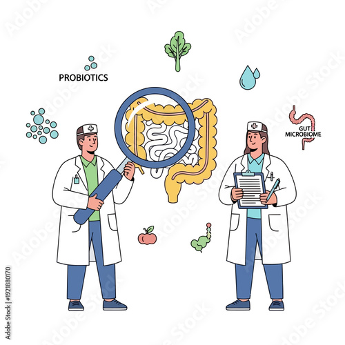Doctors Examine Gut Microbiome and Intestines with Magnifying Glass, Probiotics Concept