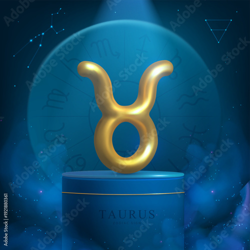 Magic blue showcase background with 3d podium and golden astrology Taurus zodiac sign. Astrology wheel. Vector illustration