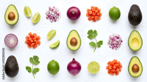 Overhead flat lay of 21 fresh ingredients for guacamole or salsa, including whole and halved avocados, red onions, diced tomatoes, lime wedges, and cilantro leaves