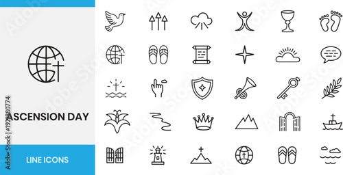 Ascension Day religious line icons set. Christian symbols, heaven, faith, and spiritual holy vector illustration