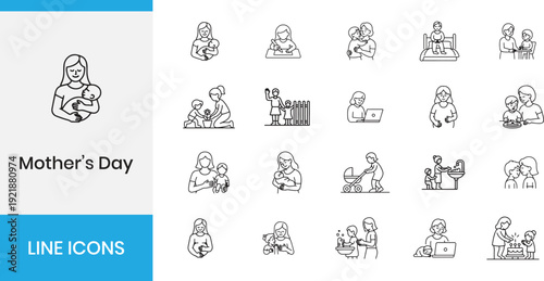 Mother's Day and parenting line icons set. Mom, baby, family care, and motherhood love vector illustration