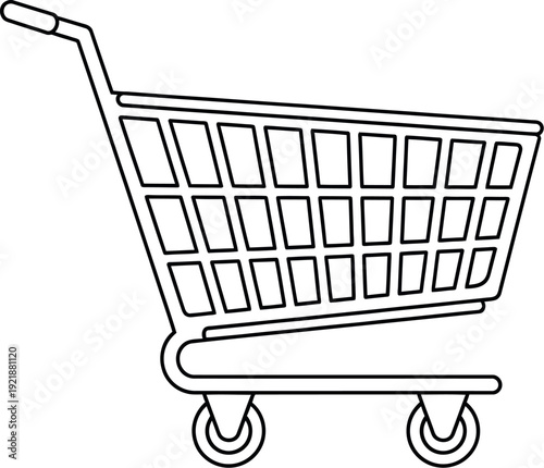 Simple black and white outline drawing of a standard supermarket shopping cart with wire mesh basket and four wheels isolated on a clean white background representing commerce.