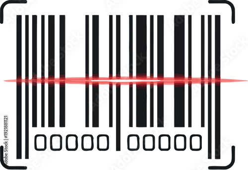 Digital illustration depicts a modern universal product code barcode being precisely scanned by a vivid red laser beam signifying accurate inventory and retail transaction processing technology.