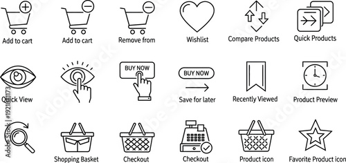 Essential thin line icon set providing various e-commerce functions like adding to cart wishlisting comparing products quick viewing and finalizing a purchase transaction successfully