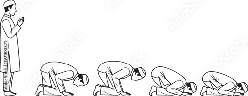 Muslim Man Performing Salah Step by Step – Islamic Prayer Positions Line Art Illustration