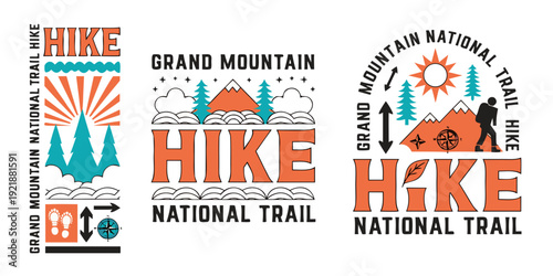 Grand Mountain National Trail Hiking Poster Set – Bold Outdoor Adventure Graphics with Mountains, Pines, Sun & Hiker Icons for Camping, Trekking & Nature‑Lover Decor