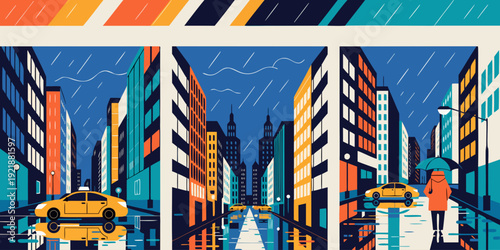 Rainy Cityscape Illustration Set – Vibrant Urban Street Art with Taxis, Umbrellas, Reflections & Colorful Buildings for Modern Wall Decor and City‑Vibe Aesthetic