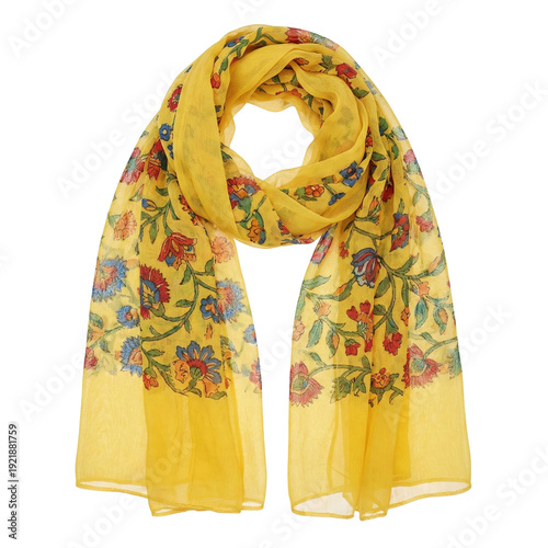 Foto Vibrant yellow silk scarf with colorful floral embroidery