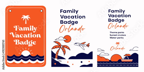 USA, US, U.S, United States - Orlando Family Vacation Badge Set – Beach, Airplane & Cruise Illustrations, Florida Travel Icons for Family Trip Designs and Summer Holiday Graphics
