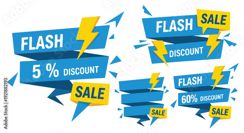 Graphic design elements for advertising with sale and discount labels on white background