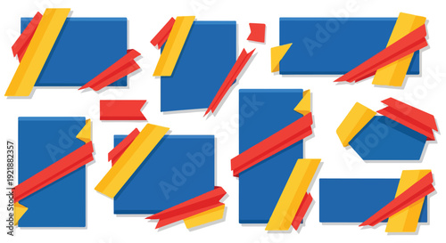 Collage of blue rectangles with red and yellow tape on a white background, flat lay composition with geometric shapes.