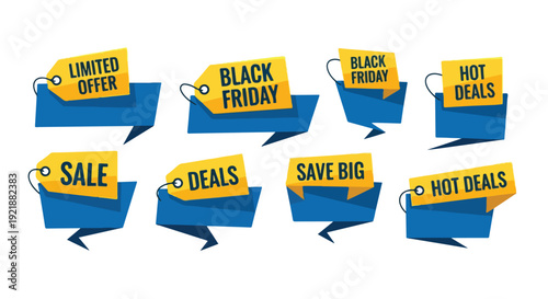 Collection of blue shopping bag icons with yellow sale and discount labels on a white background.