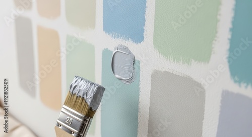 Hand holding brush applying paint sample on wall with color swatches