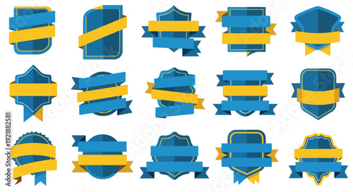Collection of blue and yellow ribbon badges and labels on a white background.