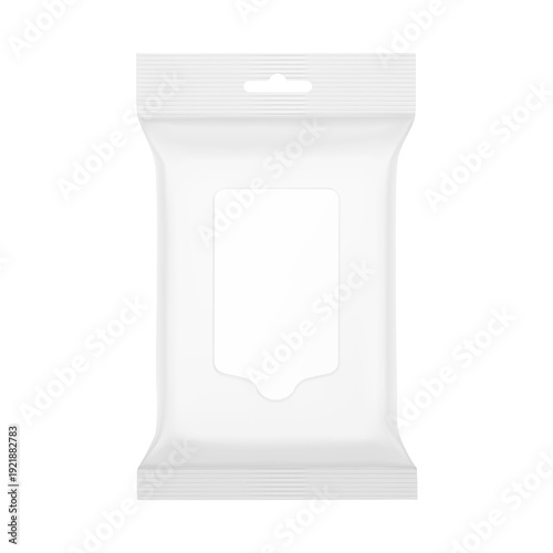 Wet wipes flow package mockup with realistic flap and hang slot. Vector illustration isolated on white background. Can be use for your design, promo, adv and etc. EPS10.