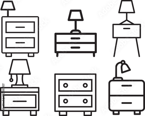 Illustrated Furnishing: A collection of simple black line art drawings showcasing different types of bedside tables. Each piece stands alone, representing variety in shape, style, and design.