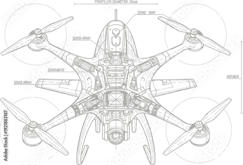 Drone with quad propeller design and sense array technology illustration