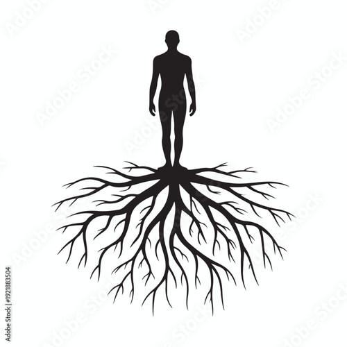 Human silhouette with tree roots system vector illustration showing connection to earth soil