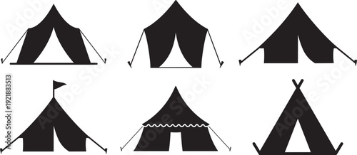 Tent Silhouettes: A collection of various tent silhouettes, offering a diverse array of camping shelter designs, perfect for illustrating the essence of outdoor adventures and wilderness exploration.