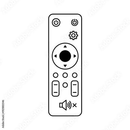 Line art illustration of a modern remote control with buttons and icons for entertainment