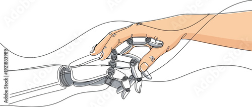 Human hand interacting with robotic hand in a futuristic illustration scene closely