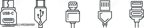 Simple black and white line drawings of various USB connectors illustration