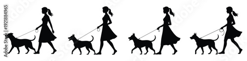 Woman Walking Dog Silhouette Vector Set – Summer Outdoor Activity Illustration of Female with Pet on Leash, Relaxed Lifestyle, Park Stroll, and Sunny Vacation Design