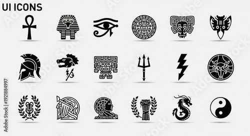 Collection of ancient symbols and icons in black and white.