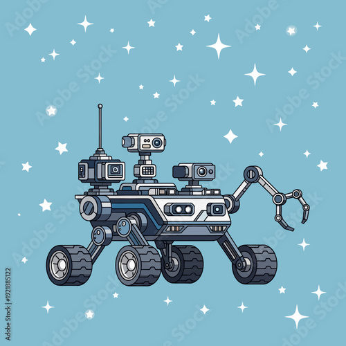 Space exploration rover with robotic arm and cameras on starry background