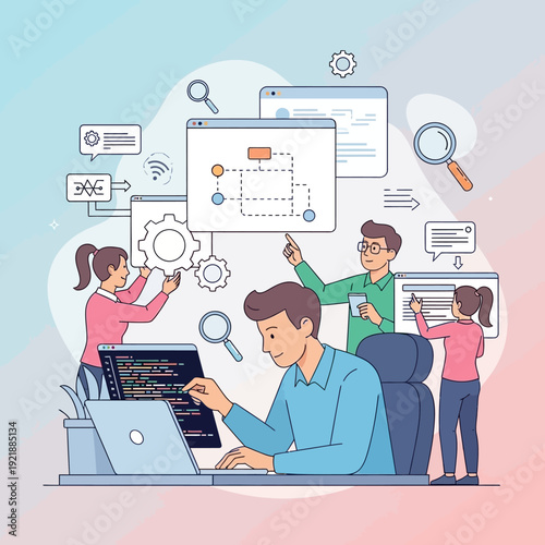 Team of developers collaborating on software development project with code and diagrams