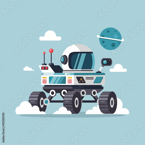 Space Rover Exploring Planet with Clouds and Saturn-like Planet